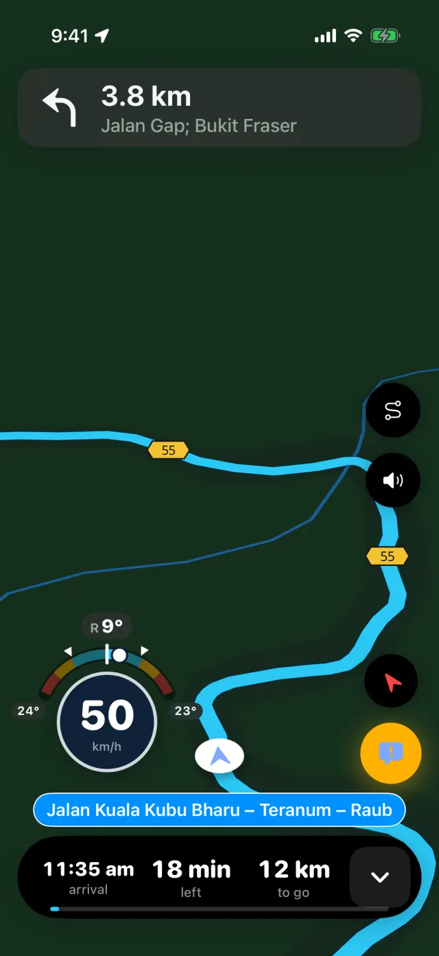 Hala guiding a motorcycle up Jalan Gap to Fraser's Hill: 50 km/h, lean angle 9 degrees right, next turn left in 3.8 km.