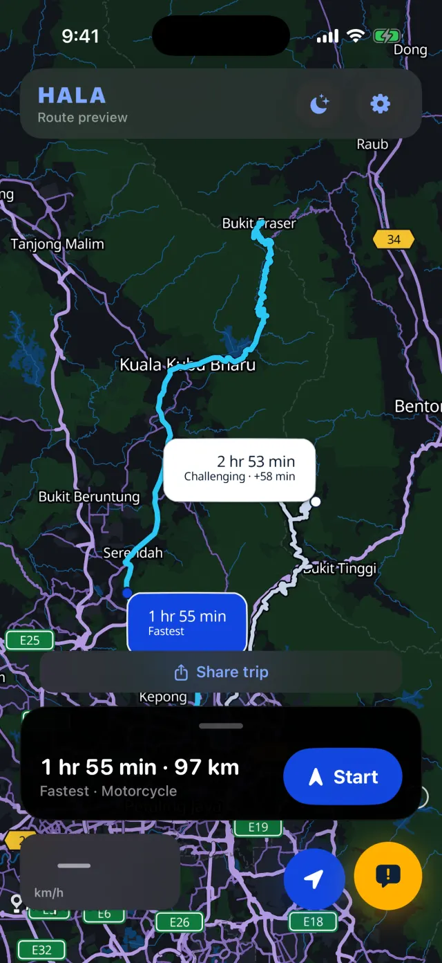 Two routes from KL to Fraser's Hill: Fastest, 1 hour 55 minutes, and Challenging, 58 minutes longer.